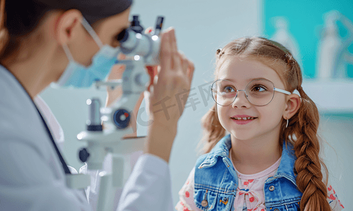 视力儿童摄影照片_女医生给小女孩检查视力问题