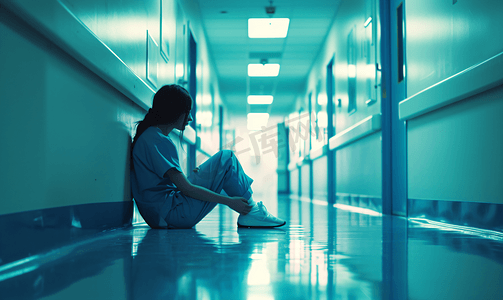 女性医务人员摄影照片_崩溃地坐在医院走廊的护士