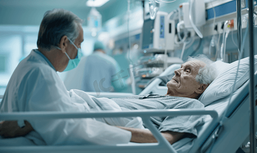 照顾住院摄影照片_制服仅一个男人放松生病的老人在病房