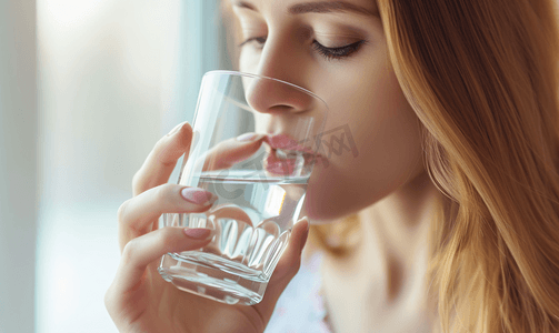 女性生病喝水吃药特写