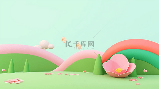 妇女节可爱背景图片_3D可爱卡通春天微立体展台背景图