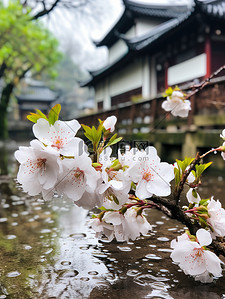 樱花背景图片_江南风光古镇的春天雨水素材