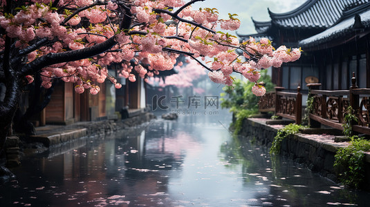 樱花背景图片_江南风光古镇的春天雨水背景图片