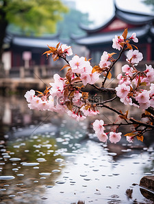 樱花背景图片_江南风光古镇的春天雨水设计
