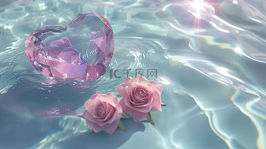 水中彩色心形宝石玫瑰背景素材