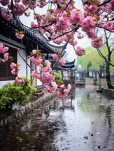 樱花背景图片_江南风光古镇的春天雨水背景图片