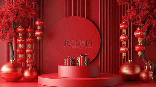 灯笼新年红色电商展台设计