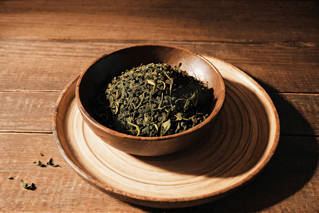 盘子里的绿茶茶叶摄影图8