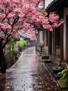 江南风光古镇的春天雨水背景图片