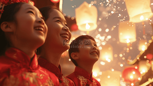 春节开心的女孩背景图片_中国春节灯会灯笼烟花绽放的背景6