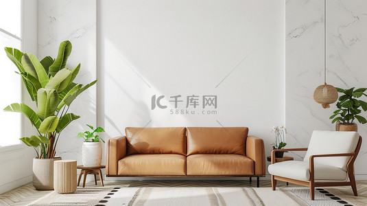 现代客厅大理石棕褐色皮沙发背景图
