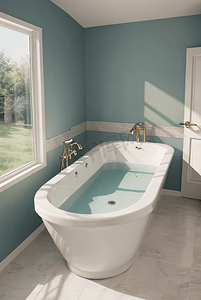 浅色浴室里的白色浴缸摄影图片1