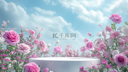 天空清新背景图片_女神节浪漫玫瑰花花朵舞台背景7