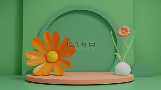 电商橘背景图片_绿色微立体可爱春天3D电商展台设计