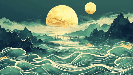 中式平铺装饰山水风景纹理质感的背景16