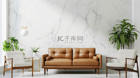 现代素材背景图片_现代客厅大理石棕褐色皮沙发背景素材