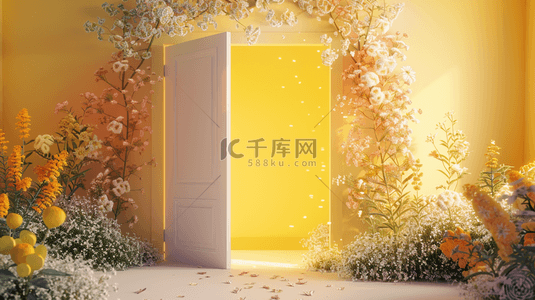 柠檬黄背景图片_柠檬黄春天梦幻花草3D大门背景图