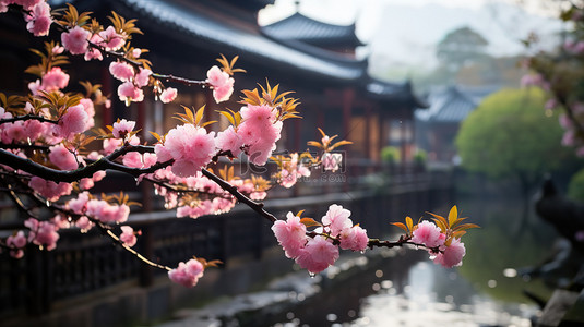 樱花背景图片_江南风光古镇的春天雨水背景素材