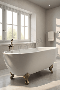浅色图片摄影照片_浅色浴室里的白色浴缸摄影图片7