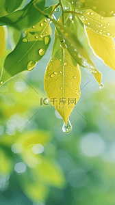 春天叶子上的雨珠谷雨节气背景图