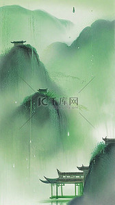 烟雨水墨背景图片_国风青绿色水墨清明节山水背景5