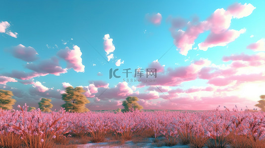 暮色中华丽的田野，雄伟的太阳和绘画般的粉红色云彩 3d 渲染