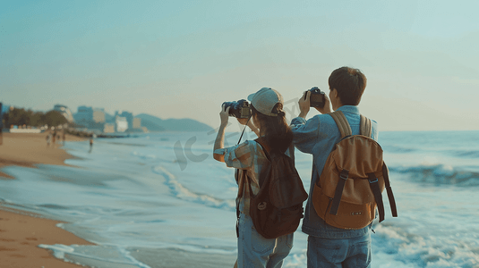 大海旅行摄影照片_旅行海边拍照的年轻人1