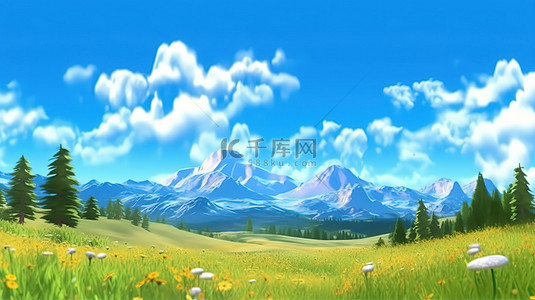 卡通森林草地背景图片_春夏季蓝天云旗卡通草地山景的 3D 渲染