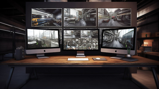 组合背景图片_在工业工作区 3d 渲染中显示照片组合的计算机屏幕