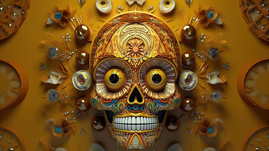精美的 3D 艺术品，以棕色和黄色模型头骨为特色，并带有墨西哥风格的绘画