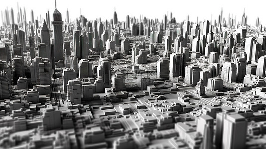 以水平方向格式呈现黑白城市景观的高清 3D 渲染