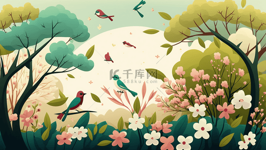 春天来了插画背景图片_春季树木花鸟插画背景