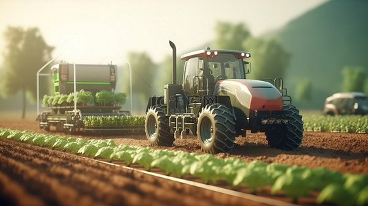 绿野农业背景图片_智能农业概念 3D 渲染机器人和自动驾驶汽车利用 5g 技术改造农业