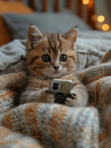 可爱的小猫拿着智能手机高清图片