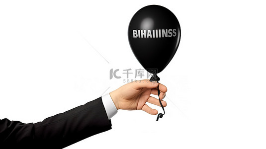 商业理念背景图片_用黑手气泵白色背景和 3D 渲染商业标志给气球充气