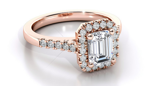 祖母绿钻石背景图片_祖母绿切割主石玫瑰金光环订婚戒指与柄副石的 3D 渲染