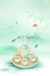 风茶具背景图片_水墨中国风春季春天春茶茶具背景