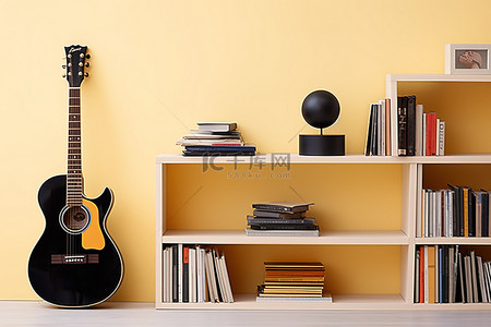 一张黑胶唱片和一把吉他，架子上还有黑胶唱片