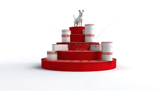 圆形白色基座上的狗粮袋包装设计的 3D 渲染，带有台阶和白色背景的红地毯