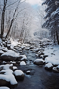 背景是一条充满积雪的岩石和树木的山溪