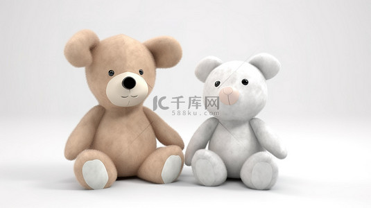玩具背景图片_可爱的毛绒熊和兔子玩具的白色背景 3D 渲染