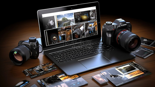组合创意背景图片_具有数字摄影师作品集的台式计算机的 3D 渲染