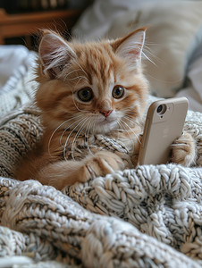 高端智能家居摄影照片_可爱的小猫拿着智能手机高清图片
