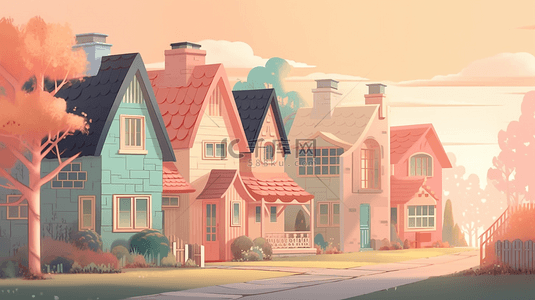 粉色蓝色可爱的房子卡通房子背景