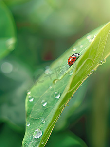 春天春季树叶上水滴的瓢虫高清摄影图