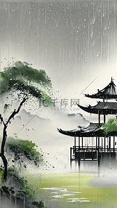 清明节中国风素材背景图片_清明节国风雨中春景素材