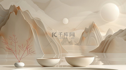 中式山脉背景图片_珍珠白水墨画电商展台背景