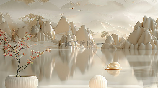 湖泊素材背景图片_珍珠白水墨画电商展台素材