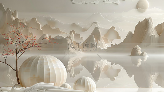 中式山脉背景图片_珍珠白水墨画电商展台设计