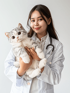 女性宠物医生抱着布偶猫咪
